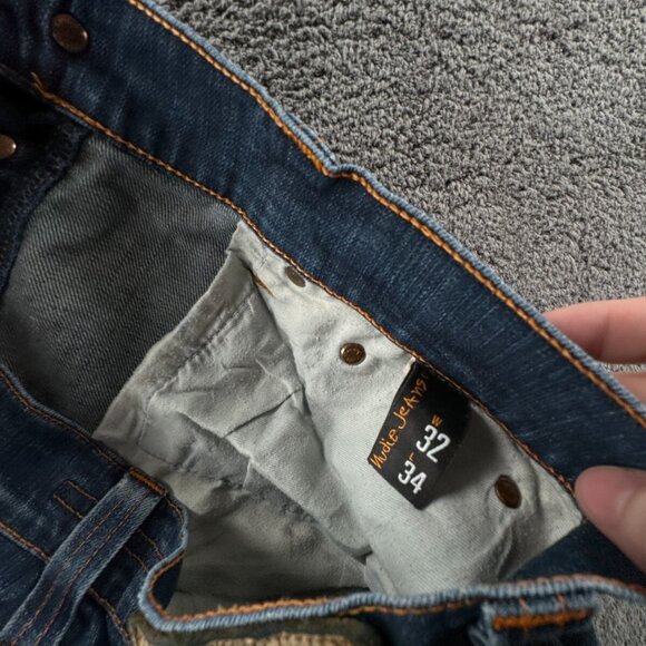 Nudie Jeans Co Mens Jeans Denim Pants Trouser Size 32x34 Grim Tim White Knee - Picture 13 of 16